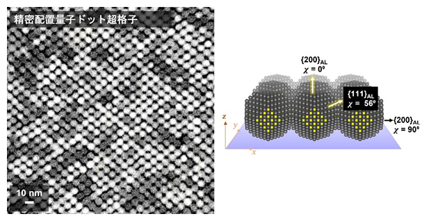 開発したコロイド量子ドット超格子の電子顕微鏡写真と超格子構造の模式図の画像