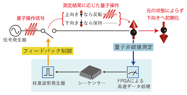 フィードバック操作による量子ビットの初期化処理の概略図の画像