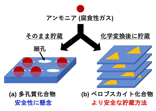 多孔質化合物(a)とペロブスカイト化合物(b)のアンモニア貯蔵方法の違いの図