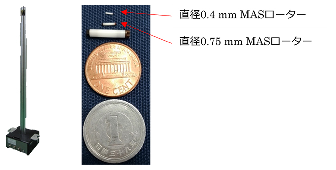 今回開発したプローブと直径0.4mmMASローター（試料管）の図