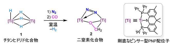 チタンヒドリド化合物1を用いた窒素分子から二窒素化合物2への還元反応の図