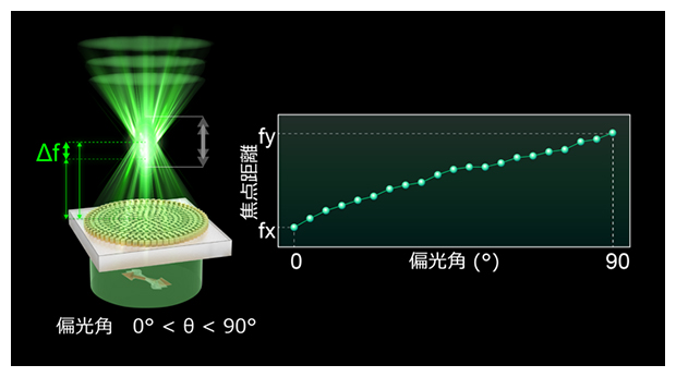 光の偏光方向で焦点距離を制御できるメタレンズの図
