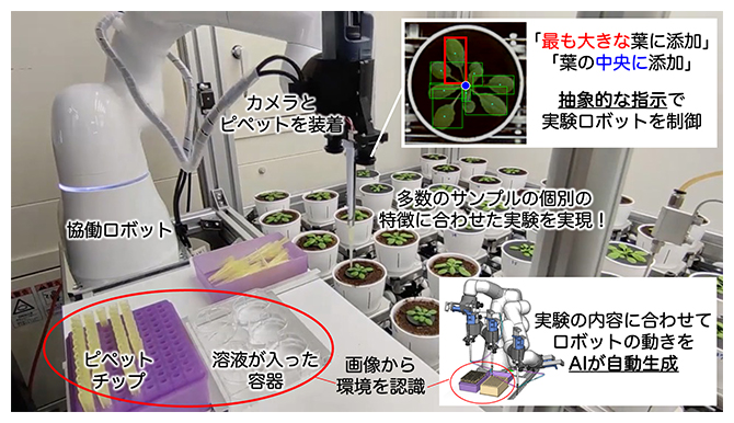 見て考える自動実験ロボットと植物へのきめ細やかな液体添加の図