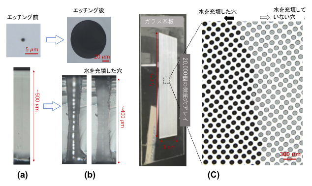 微細可溶部、形成された微細貫通穴、作製されたチップの光学顕微鏡写真の図