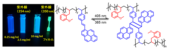新しい機能性ポリマーの蛍光特性と[2+2]環化付加反応の図