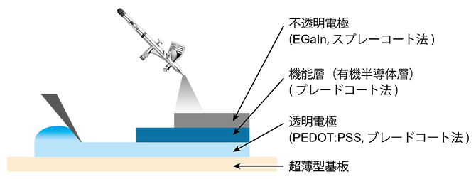 3層構造から成る全塗布・超薄型有機光電子デバイスの構造の図