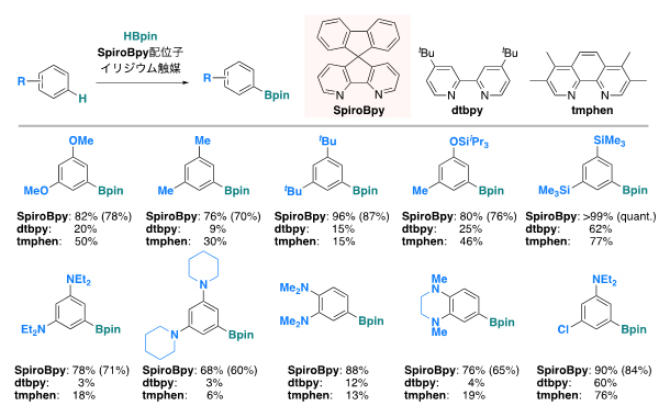 SpiroBpy配位子を持つIr触媒による芳香族化合物のホウ素化反応の図