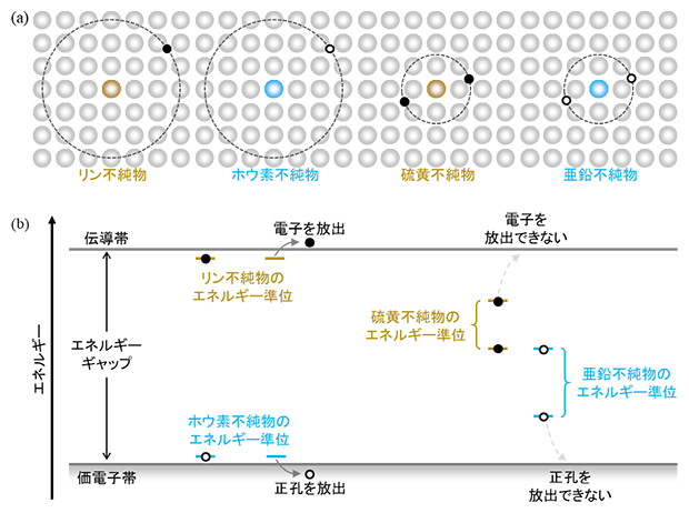 浅い不純物(リン、ホウ素)と深い不純物(硫黄、亜鉛)の図