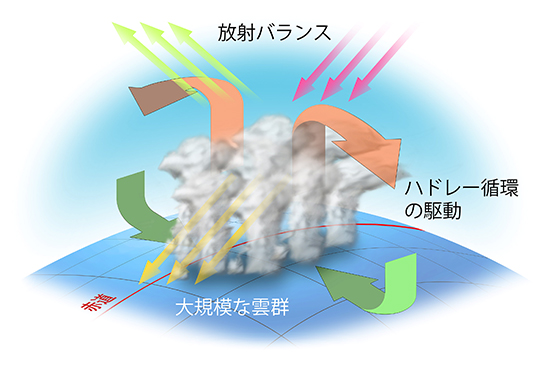 熱帯気象の研究の説明図(放射バランス、ハドレー循環の駆動、大規模な雲群の図解)