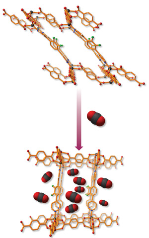Image of carbon dioxide molecules and the molecular PCP cage