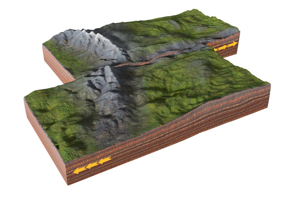 Image of a strike-slip fault at a tectonic plate boundary