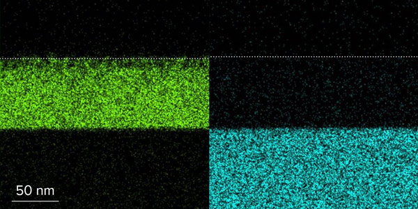 image of the distribution of iron atoms in the iron selenide thin film and lanthanum atoms in the substrate 